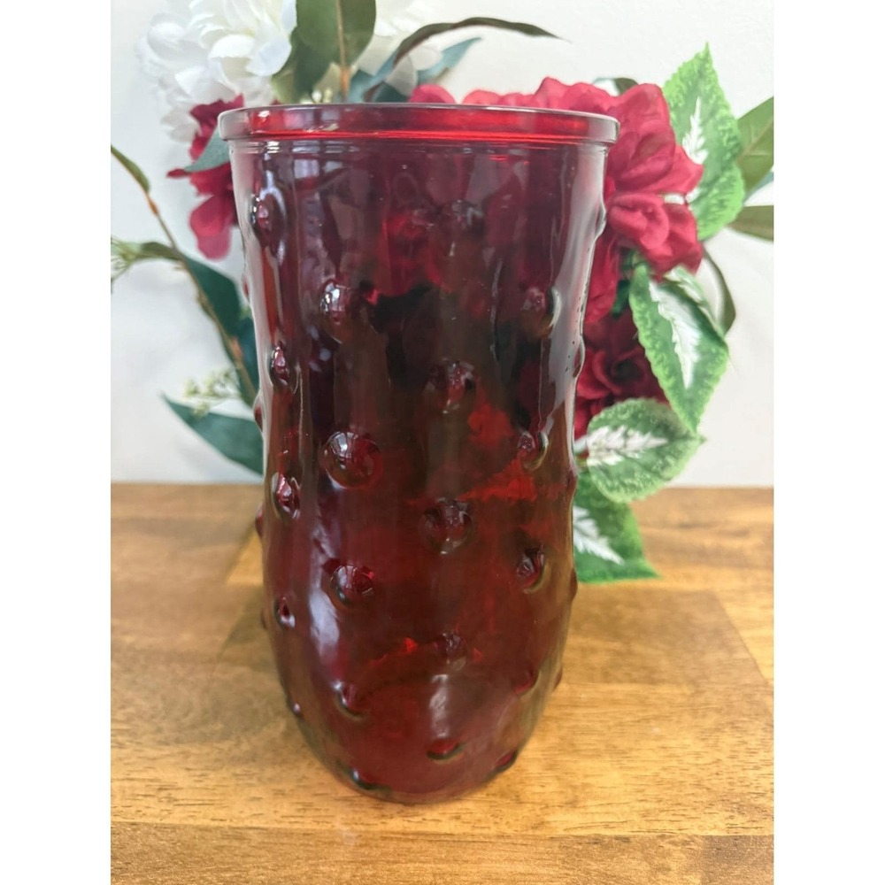 Vintage Hoosier‎ Ruby Red Glass Vase MCM Hobnail Dot Pattern Tall Flower Retro